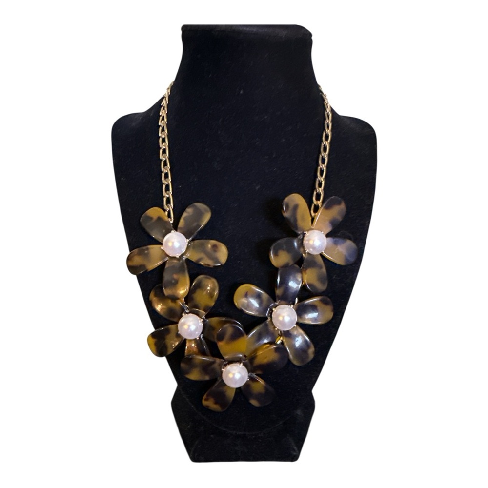Talbots Tortoiseshell Flower Statement Necklace C… - image 2